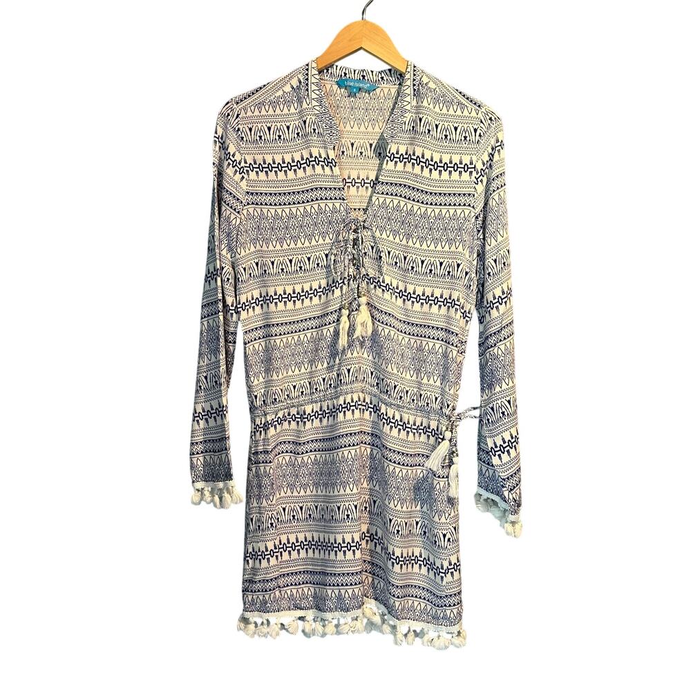 Boho Size Small Tassel Fringe Geometric Blue Island Cover Up Cruise Beach HotTub